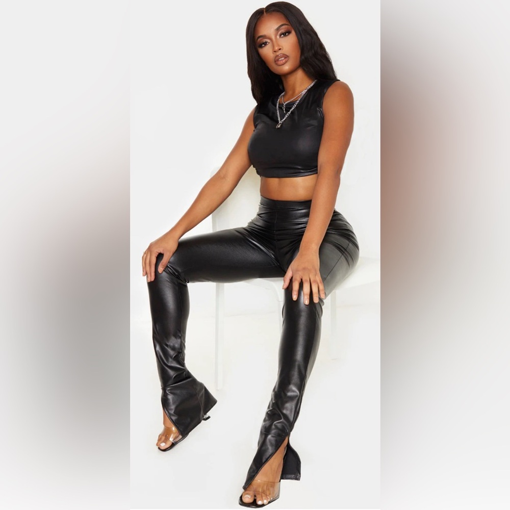 NWOT PrettyLittleThing Shape Black PU Split Hem Pants